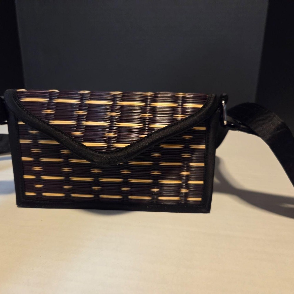 Baskets of Cambodia Woven Crossbody Bag Black Tan Boho Handwoven Satchel
